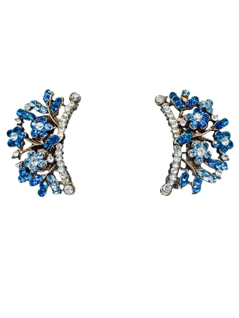 Vintage DeMario Blue Glass Floral Earrings Clip Climber Forget Me Not